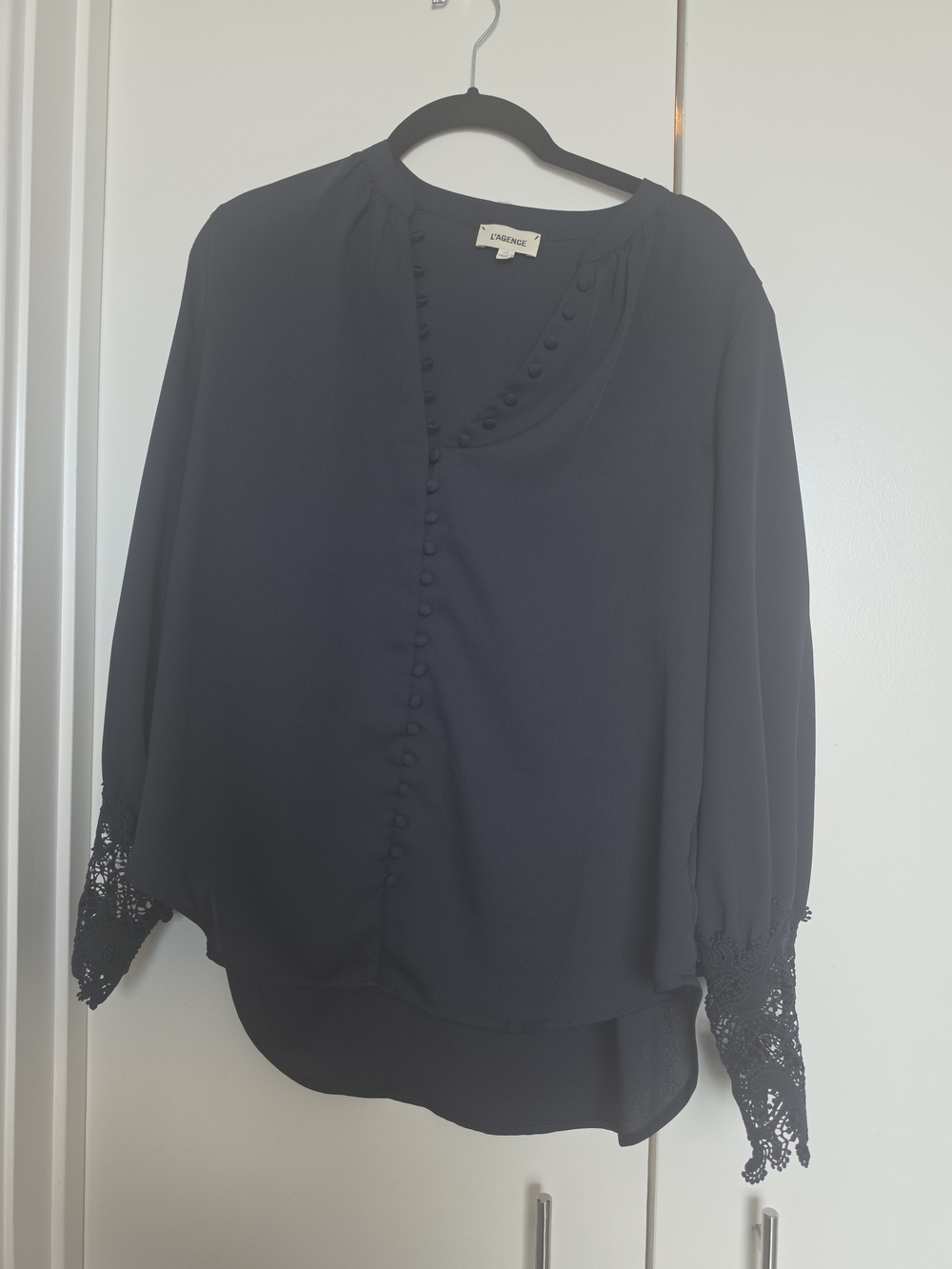 L'AGENCE Navy Button-Front Blouse with Lace Cuffs
